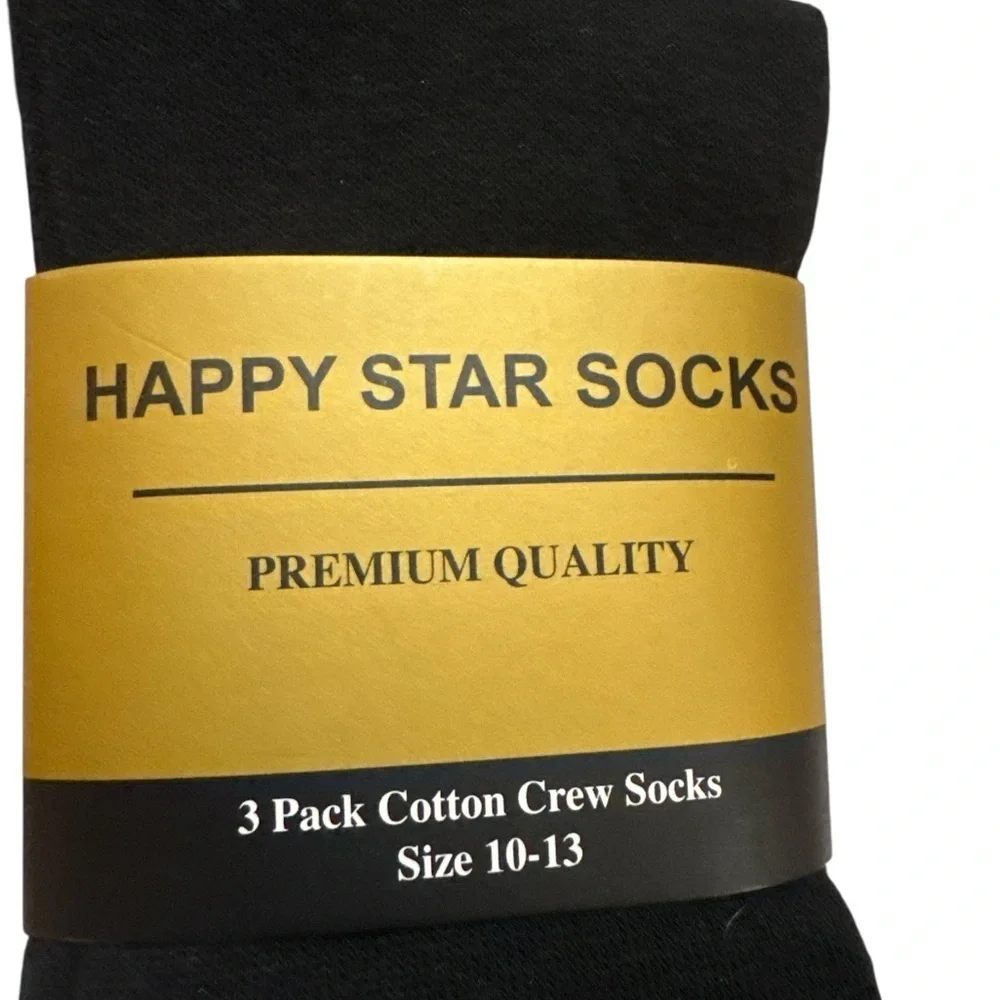 Happy Star Socks 3-Pack Premium Cotton Crew Socks Black